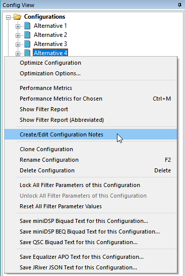 The Context Menu for Creating Configuration Notes
