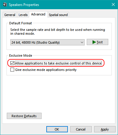 Configuring the Sound Device for Exclusive Mode