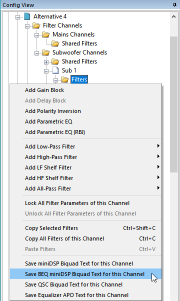 Exporting the BEQ Biquad Text of a Single Channel