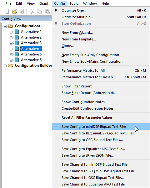 Menu for Exporting Biquad Text of All Channels