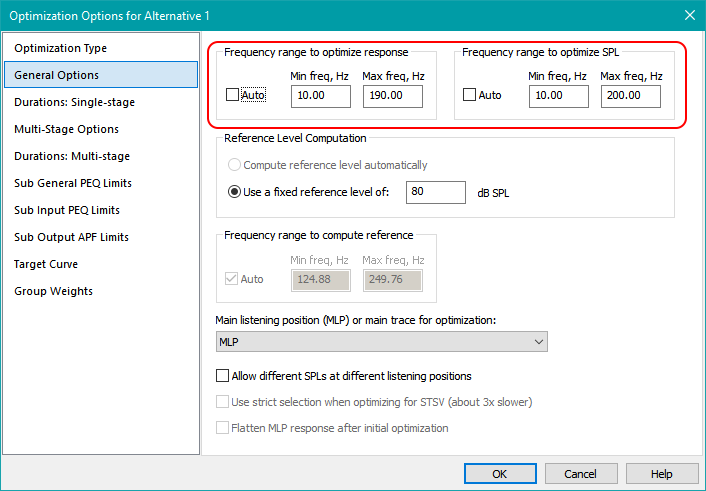 The Frequency Ranges in the Optimization Options