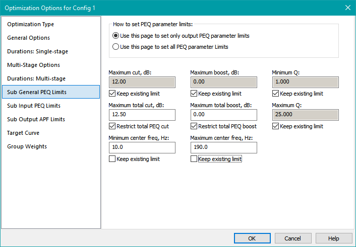 Choose the Output PEQ Parameter Limits