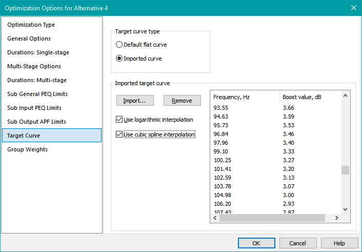 Optimization Options Target Curve Property Page