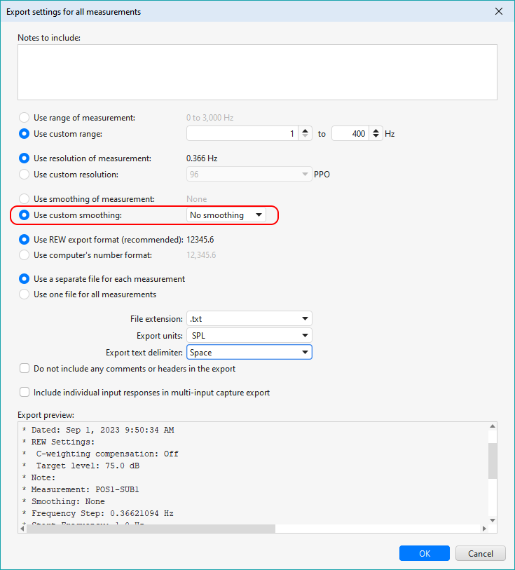 REW's Measurement Export Dialog